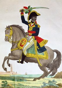 Portrait de Toussaint Louverture (1743-1803) à cheval, début du 19ème siècle (gravure en couleur) - French School