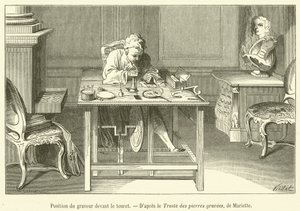 Position du graveur devant le touret (gravure)