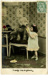 Carte postale : Toto est malade, il mange trop de gâteau - French School