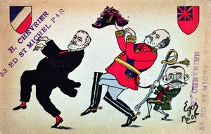 Carte postale représentant le président Loubet (1838-1929) le roi Édouard VII (1841-1910) et Théophile Delcassé (1852-1923), mai 1903