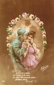 Carte postale représentant un soldat français et son amante, 1914-18