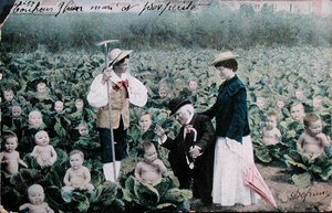 Carte postale représentant un couple cherchant un bébé