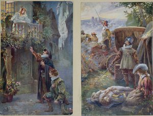 Cartes postales représentant Cyrano de Bergerac avec Roxanne et la mort de Christian, vers 1900 - French School