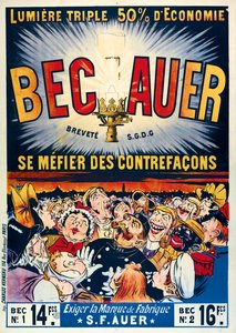 Affiche publicitaire pour les lampes à pétrole Becauer, imprimée par Charles Verneau, 1890