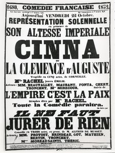 Affiche publicitaire pour une représentation à la Comédie-Française le 22 octobre 1852, de la tragédie de Corneille, Cinna, suivie d