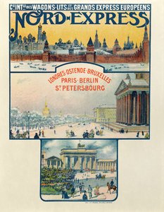 Affiche publicitaire pour la Compagnie des Wagons-Lits et des Grands Express Européens, Londres à Saint-Pétersbourg, début du XXe siècle