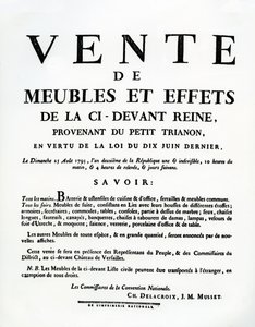 Affiche annonçant la vente des meubles et effets de Marie-Antoinette le 25 août - French School