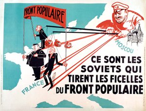 Affiche représentant Edouard Herriot, Léon Blum dans le rôle des marionnettes de Moscou, vers 1936 (affiche) - French School