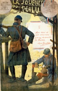 Affiche pour « La journée du poilu - 25 et 26 décembre 1915 » avec la citation de Léon Gambetta « Avec vous et par vous nous jurons de sauver la France ». (un poilu ouvrant la boîte reçue de sa famille) - French School
