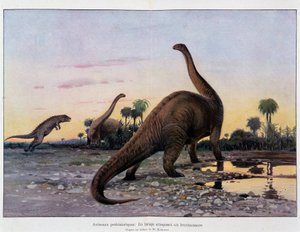 Animaux préhistoriques : un laelaps attaquant un brontausore - dans «L