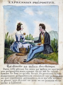 Expression prépositive (La dinette au milieu des champs) - livre de grammaire en images, vers 1850 - French School