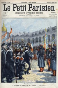 Présentation du drapeau du Régiment de Chine par le général Faure-Biguet au général Arnoux gouverneur aux Invalides à Paris, dans « Le Petit Parisien » 1901 (gravure) - French School