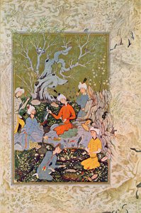 Prince chassant avec des faucons, illustration de Les Mille et Une Nuits, 1895 (gravure en couleur) - French School