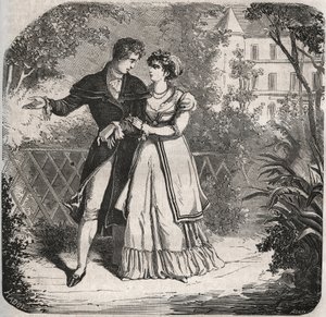 Princesse de Galles Caroline de Brunswick (1768-1821) marchant avec son amant, Bartolomeo Bergami. Gravure de 1871 dans « Histoire Des Cocus Célèbres » par Henry de Kock (1819-1892). - French School