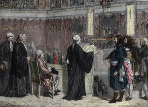 Procès de Louis XVI : apparition de Louis XVI devant les députés de la Convention nationale (gravure en couleur) - French School