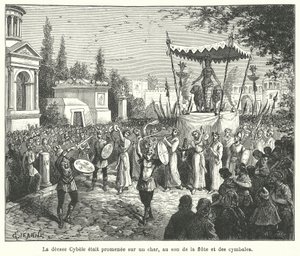 Procession du char de la déesse romaine Cybèle, précédée de joueurs de flûte et de cymbales - French School