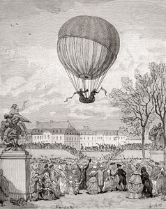 Le professeur Jacques Charles et Nicolas-Louis Robert volent le premier ballon à hydrogène habité au monde le 1er décembre 1783 dans les jardins des Tuileries, Paris, de 