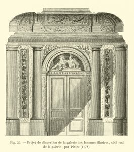 Projet de décoration de la galerie des hommes illustres, côté sud de la galerie, par Pietre, 1778