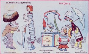 Carte promotionnelle et éducative pour enfants des spécialités alimentaires de la région du Rhône, vers 1900