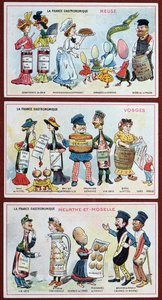 Cartes promotionnelles et éducatives pour enfants représentant les spécialités alimentaires de la région Lorraine, c.1910