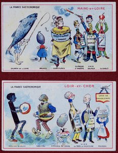 Cartes promotionnelles et éducatives pour enfants représentant les spécialités alimentaires des régions du Maine-et-Loire et du Loir-et-Cher, vers 1910