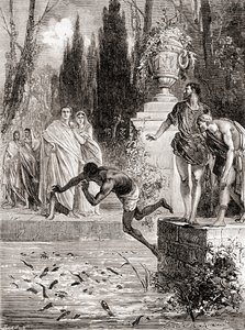 Publius Vedius Pollio, équestre romain, nourrissant un esclave à ses murènes, extrait de Les Merveilles de la Science, publié vers 1870 - French School
