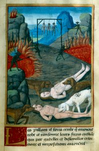 Punition réservée aux voleurs et pilleurs en Enfer, ils sont pendus, brûlés et dévorés par des chiens. Miniature de "Le Trésor de Sapience" par Jean Gerson (1363-1429) XVe siècle Chantilly, Musée Condé - French School