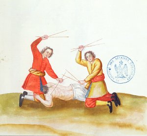 Punition avec des bâtons, de Voyage en Russie, 1731 - French School