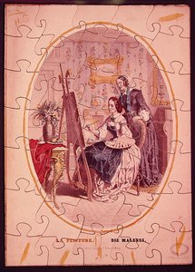 Pièces de puzzle représentant une femme peignant sur un chevalet, vers 1840-50 - French School