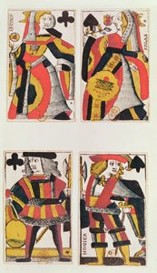 Reine et Valet jouant aux cartes (gravure sur bois en couleur)