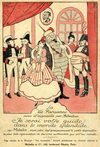 Rappel 1914 pour le pneu Michelin. La Vie Parisienne revue et augmentée par Bibendum : "Je serai votre guide dans le monde splendide, car Michelin mon père vous offre la plus belle organisation de tourisme automobile du monde". Au mur, un cadre avec - French School