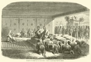 Réception du voyageur par les rois du Laos (gravure) - French School