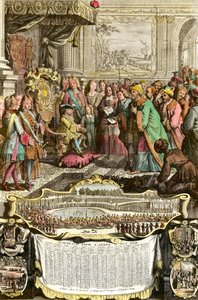 Réception de Mehemet Effendi ambassadeur turc du grand Sultan Achmet par Louis XV le 21 mars 1721 aux Tuileries. Gravure du XVIIIe siècle. Collection privée - French School
