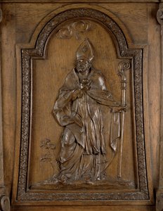 Relief représentant Saint Médard (c.456-545) Évêque de Noyon, de la chaire (bois)