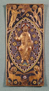 Plaque reliquaire représentant le Christ avec les symboles des évangélistes (cuivre émaillé)