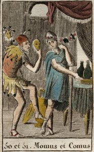 Représentation de Comus, divinité des gourmets et de la cuisine, il préside les festins, représenté appuyé sur un pieu avec une torche et Momos, personnification de la moquerie et du sarcasme, représenté comme un bouffon de cour. De « Mythologie de la Jeun - French School