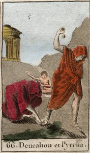 Représentation de Deucalion et Pyrrha, les seuls survivants après le déluge causé par Zeus pour détruire la race humaine. Themis après le déluge leur demande de marcher la tête couverte en jetant derrière eux les os de leur mère (les pierres de la Terre). - French School