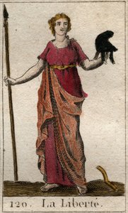 Représentation de la Liberté en femme tenant un bonnet phrygien et une pique. De "Mythologie de la jeunesse" par Pierre Blanchard 1803. - French School