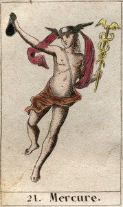 Représentation de Mercure, dieu du commerce, des voyages et messager des autres dieux. Il tient un caducée et porte un pétase. De "Mythologie de la Jeunesse" par Pierre Blanchard 1803. - French School