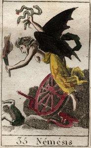 Représentation de Némésis, déesse de la Vengeance, représentée comme une femme ailée tenant une torche, des serpents, une roue et un gouvernail.