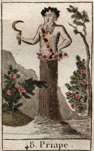 Représentation de Priape, dieu de la débauche et de la fertilité, souvent représenté avec un pénis géant en érection, tenant une faucille. De « Mythologie de la jeunesse » par Pierre Blanchard 1803. - French School