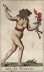Représentation de la Terreur, comme une femme avec une tête de lion, tenant un couteau et des serpents. De « Mythologie de la jeunesse » par Pierre Blanchard 1803. - French School