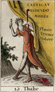 Représentation de Thalie, muse de la comédie et de la poésie idyllique, couronnée de lierre, portant des bottes, tenant un masque comique et un bâton de berger. De « Mythologie de la jeunesse » par Pierre Blanchard 1803. - French School