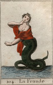 Représentation de la tricherie (malhonnêteté), comme un serpent dangereux avec une tête de femme souriante. De « Mythologie de la Jeunesse » par Pierre Blanchard 1803 - French School