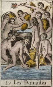 Représentation des Danaïdes, filles du roi Danaos, condamnées aux Enfers, remplissant sans fin un tonneau sans fond, pour avoir tué leurs cousins et maris. - French School