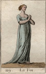 Représentation de la Foi, femme vêtue de blanc avec les mains jointes. De « Mythologie de la jeunesse » par Pierre Blanchard 1803