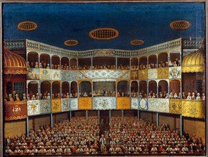 Représentation du "Malade Imaginaire" de Jean Baptiste Poquelin dit Molière (1622-1673) au Théâtre de Minorque en Espagne ; vue de la salle et du public - French School