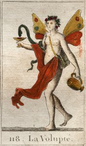 Représentation de la Volupté, femme nue couronnée de roses, elle tient une coupe où un serpent boit un nectar délicieux. De "Mythologie de la jeunesse" par Pierre Blanchard 1803. - French School