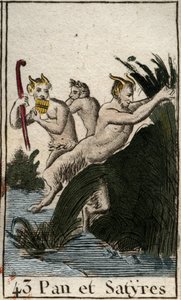 Représentation du dieu champêtre Pan et des satyres. Il a des cuisses poilues, des pieds de chèvre, et joue de la flûte (Syrinx). De "Mythologie de la jeunesse" par Pierre Blanchard 1803. - French School