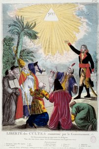 Représentation de la liberté de culte de toutes les religions maintenue par Napoléon Bonaparte (1769-1821) : le premier Consul indique le triangle de la Trinité symbolisant Dieu venant par les représentants de chaque religion : évêque catholique, un juif, 